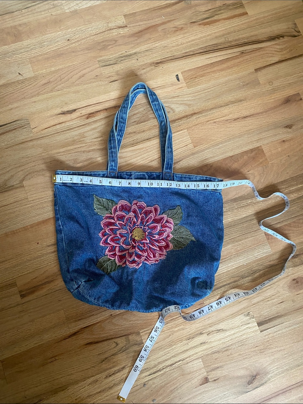 Denim Tote Bag with Pink Floral Embroidery - Picture 4 of 6